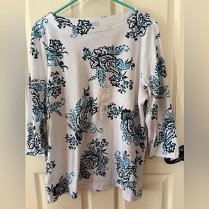 Croft & Barrow Women's White and Teal Patterned Blouse